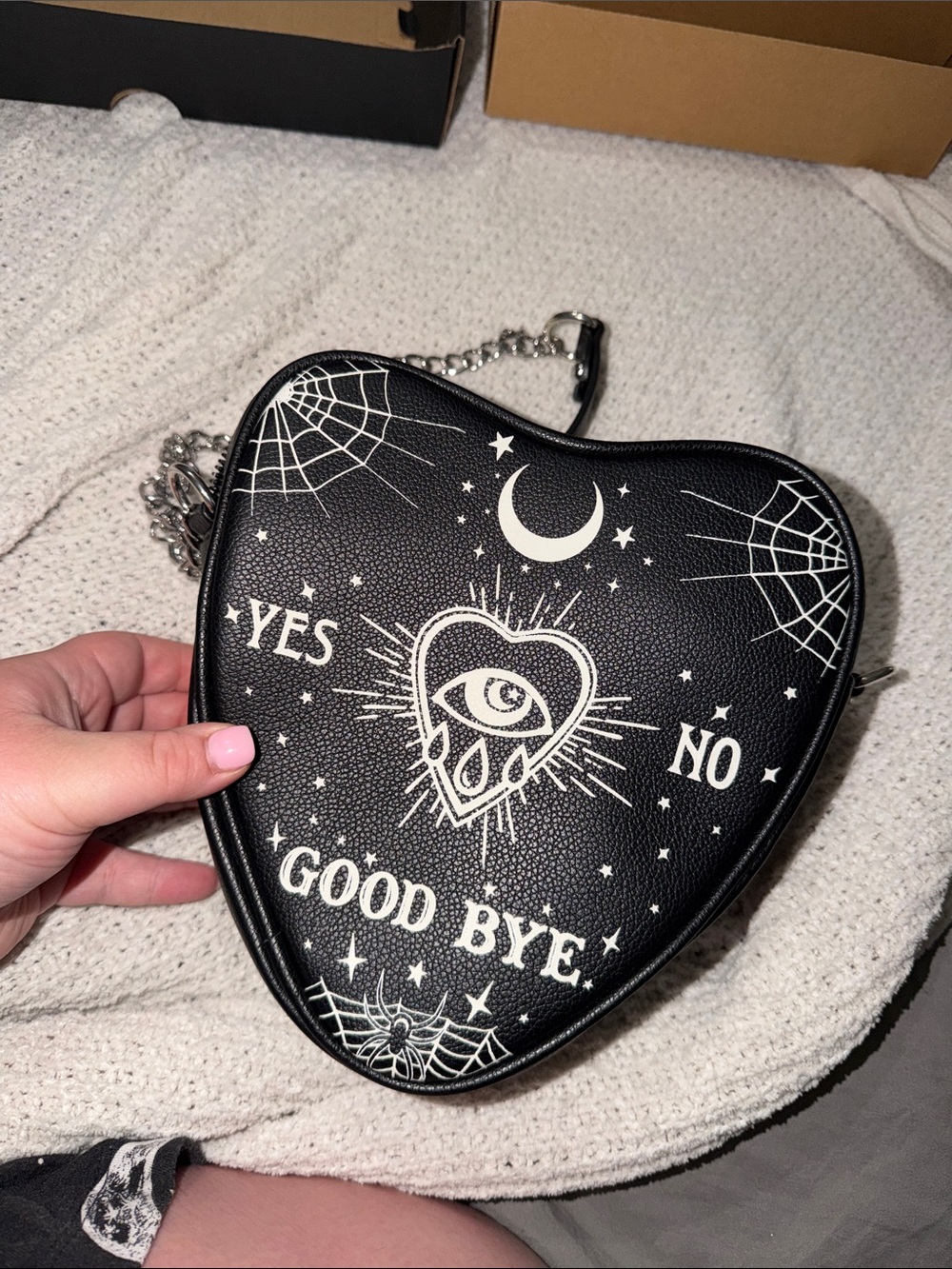 Hot Topic Black Heart-Shaped Crossbody with White Occult Graphics